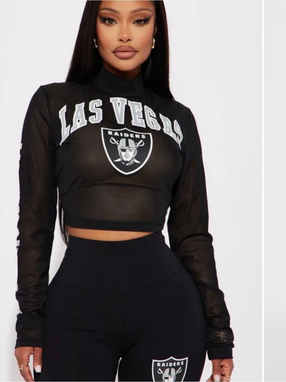 Fashion Nova Las Vegas Raiders Black Mesh Crop Top & Leggings Set - Picture 3 of 4
